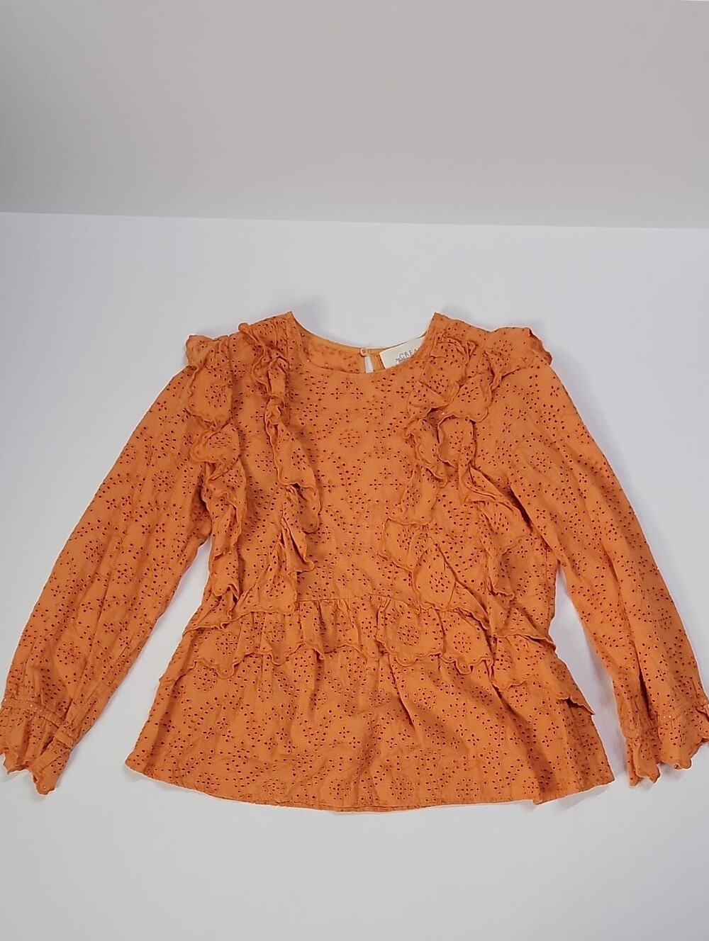 THE GREAT. Eyelet Ruffle Flutter Top Boho Blouse Spice Orange Size 0